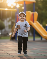 Grey Crinkle-Textured Casual T-Shirt with Faux Leather Patch