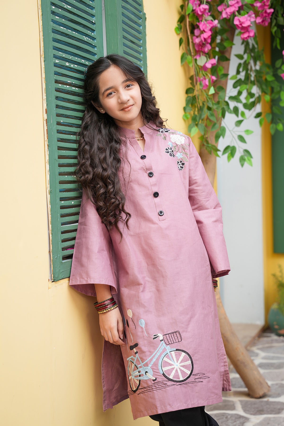 Zoya – Mauve Whimsy Bicycle Embroidered Shirt