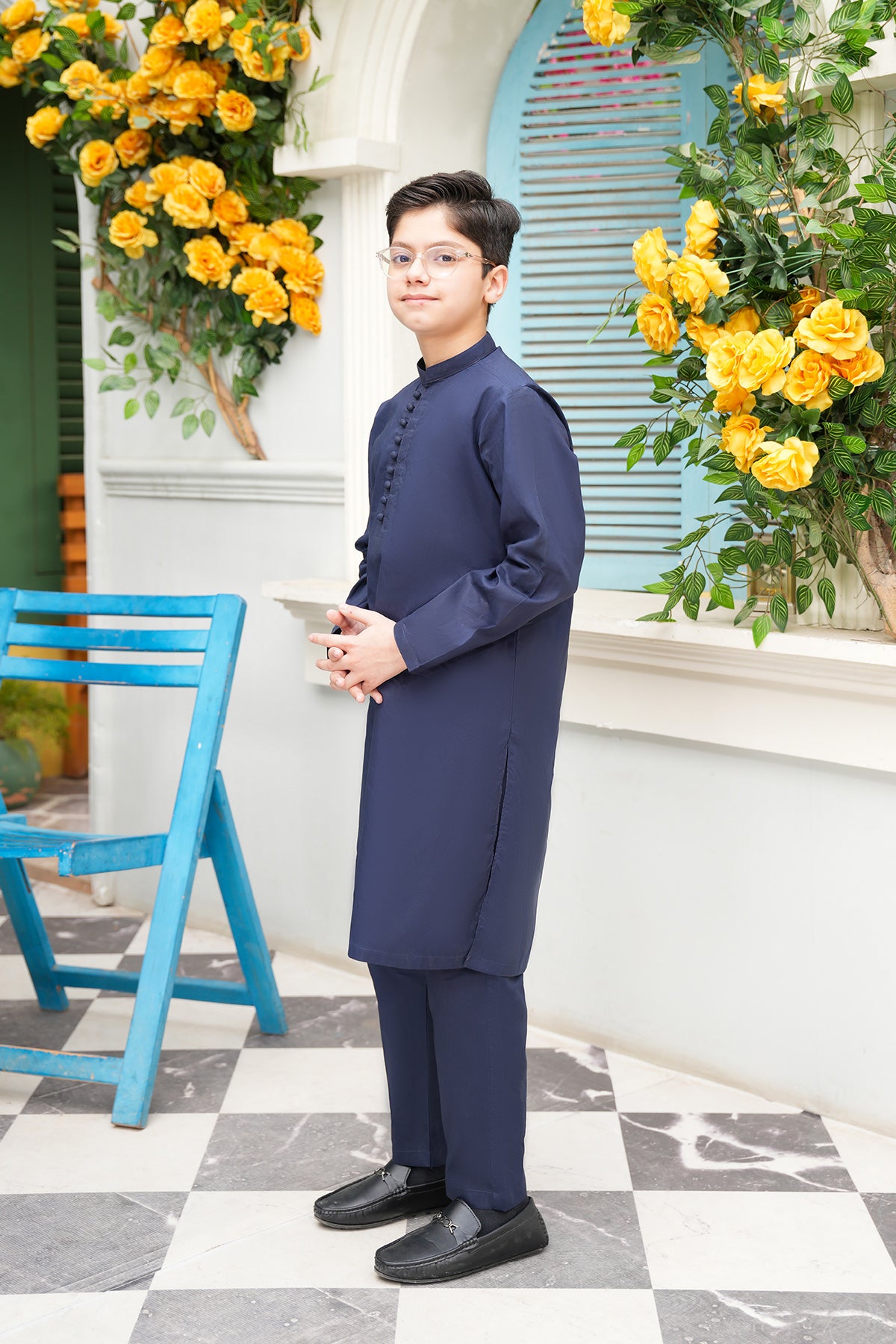 Zaviyar – Navy Blue Signature Potli-Buttoned Set