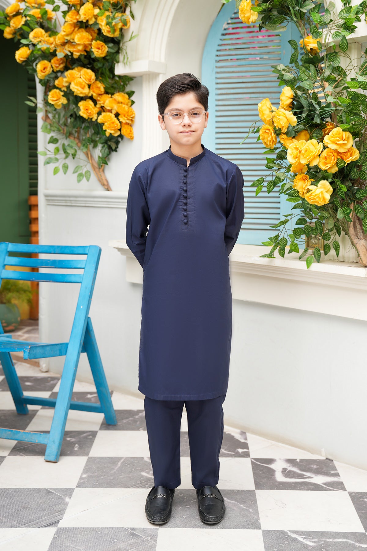 Zaviyar – Navy Blue Signature Potli-Buttoned Set