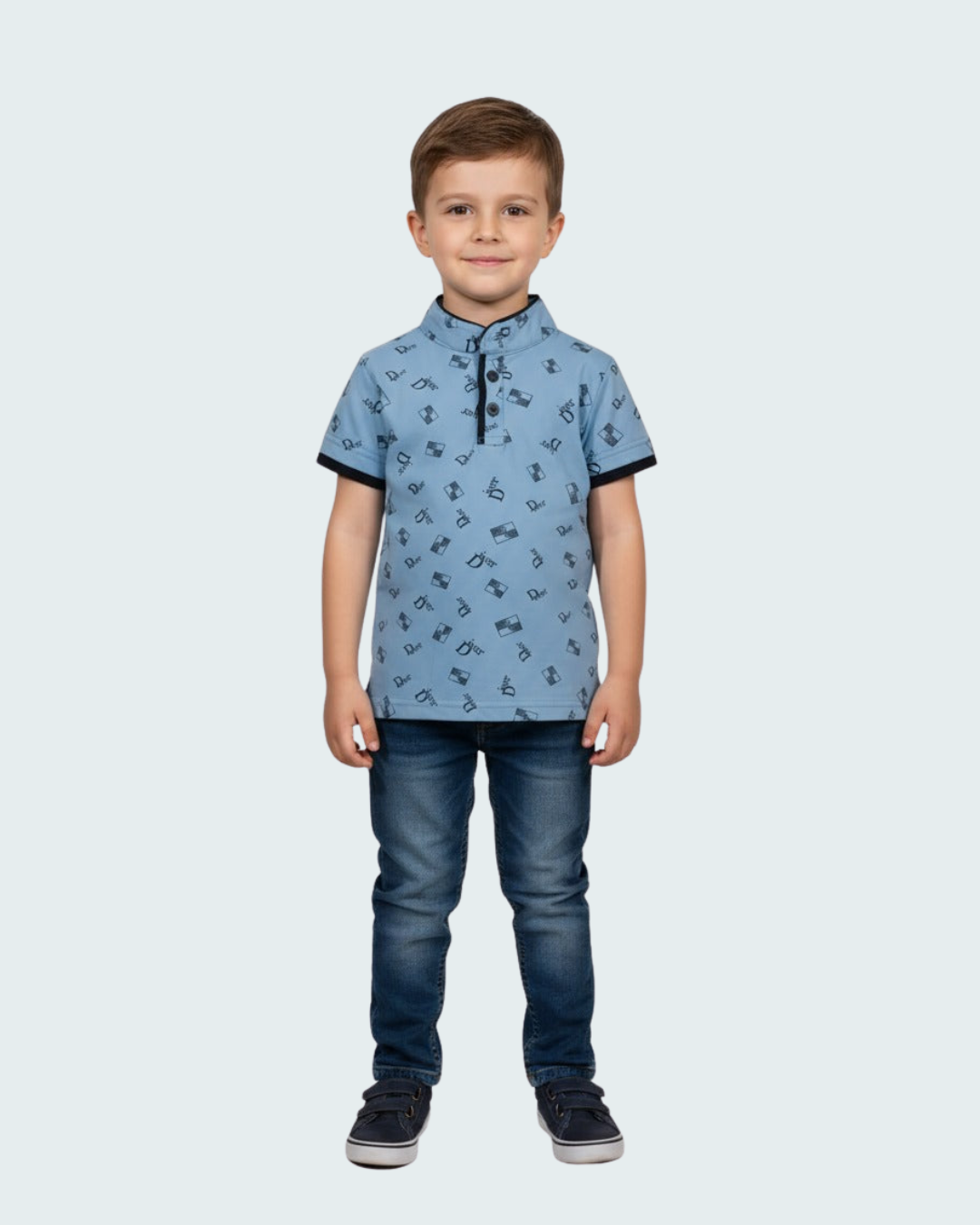 Blue Printed Cotton Polo Shirt