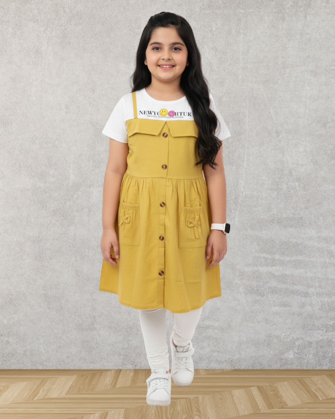 Yellow Suspender Dress with White Tee