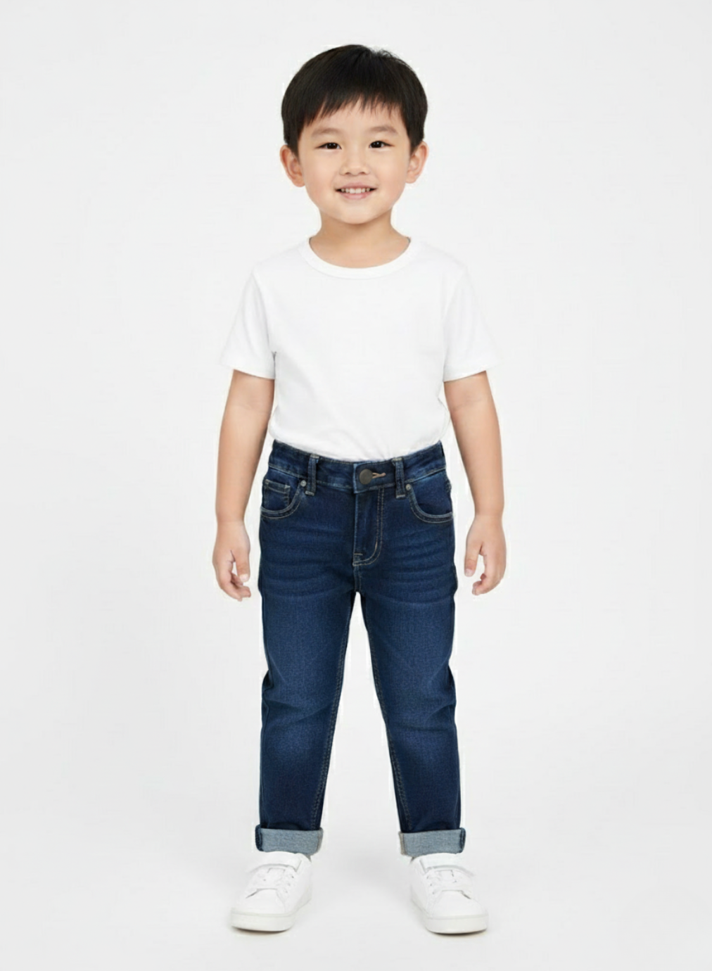 Dark-Blue Folded-Hem Slim Jeans