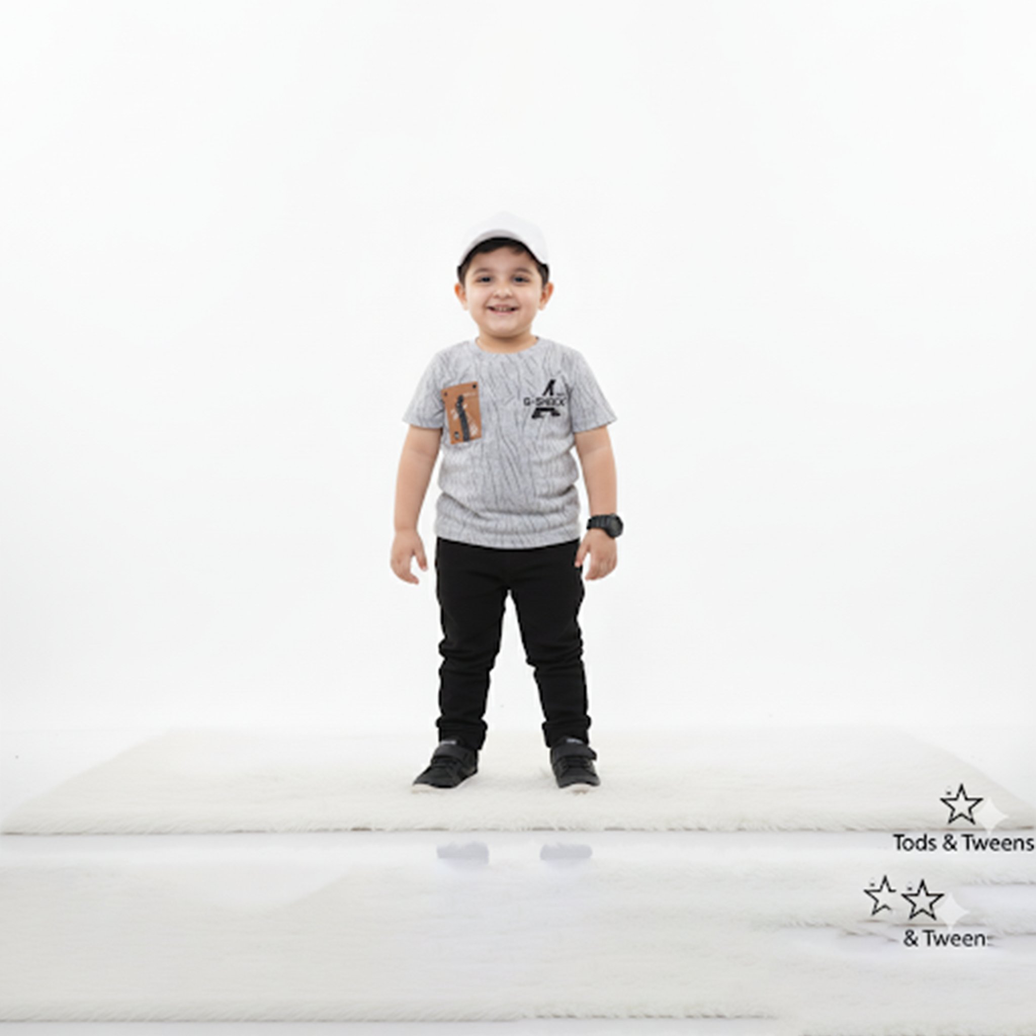 Grey Crinkle-Textured Casual T-Shirt with Faux Leather Patch