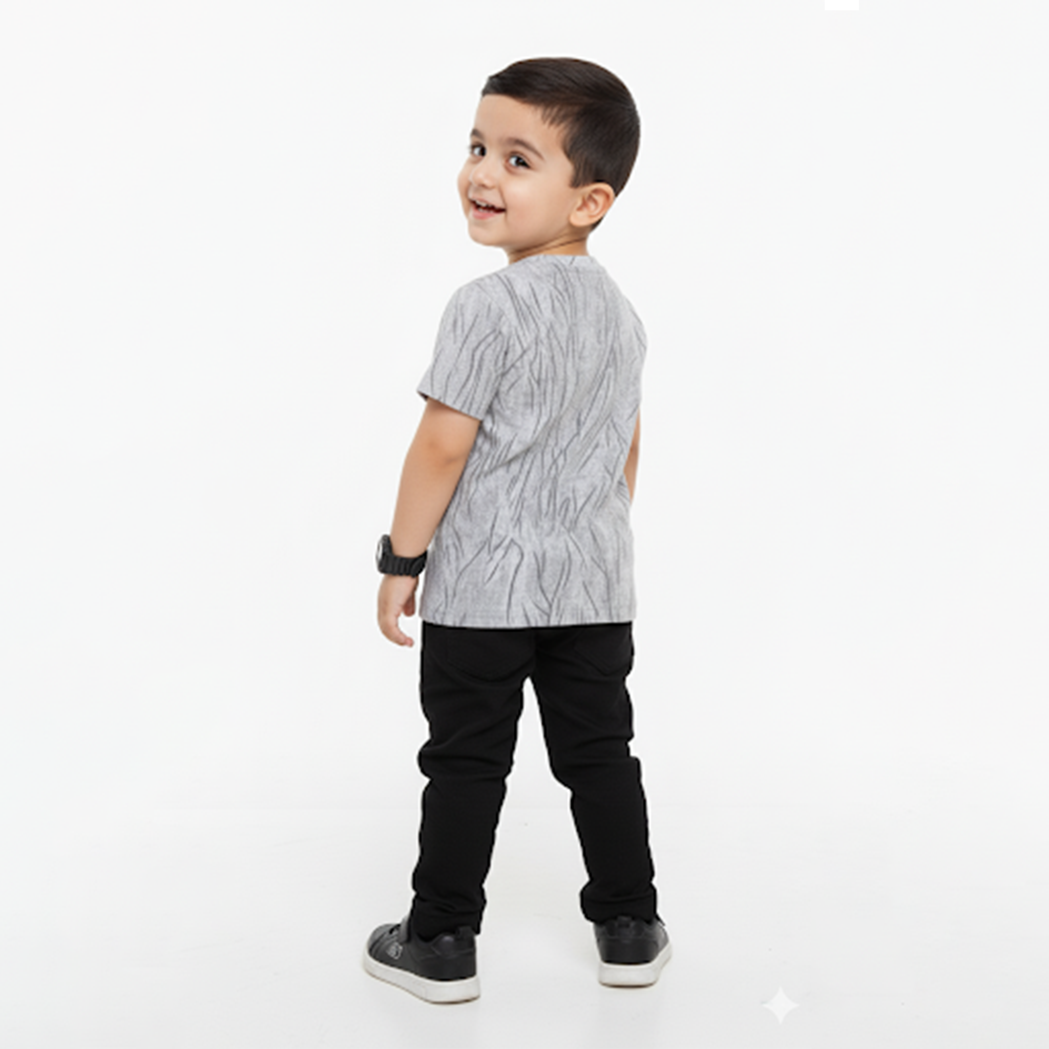 Grey Crinkle-Textured Casual T-Shirt with Faux Leather Patch