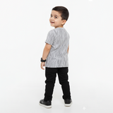 Grey Crinkle-Textured Casual T-Shirt with Faux Leather Patch