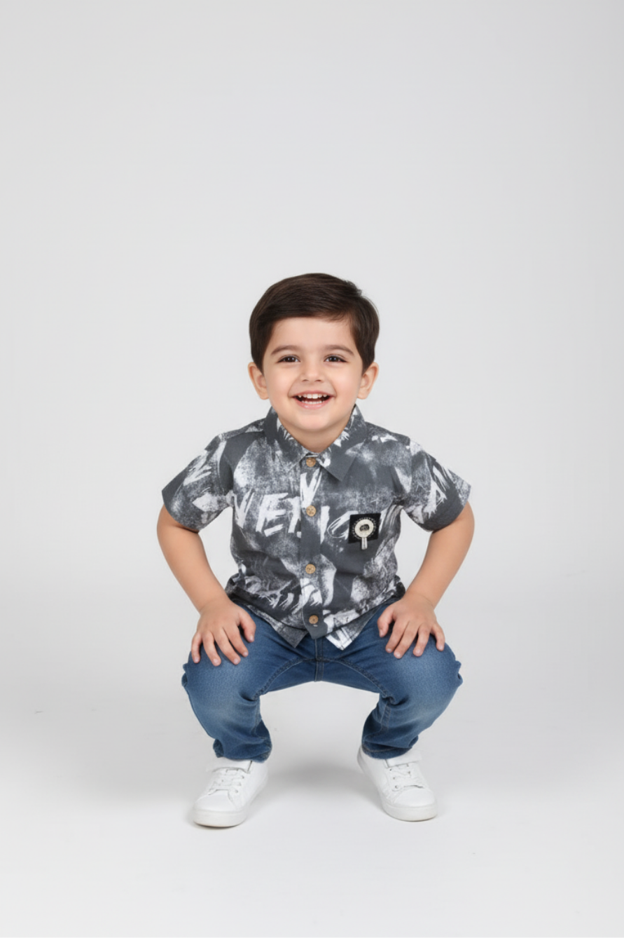 Green Graphic Button-Down Shirt with Printed Tee