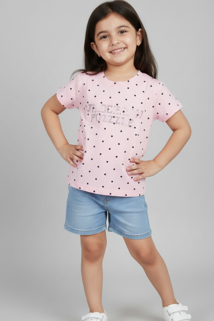 Pink Polka Dot T-Shirt with Rhinestone Print