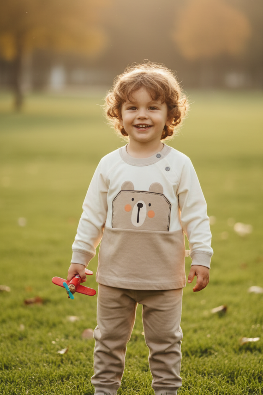 Beige Two-Piece Bear Pajama Set
